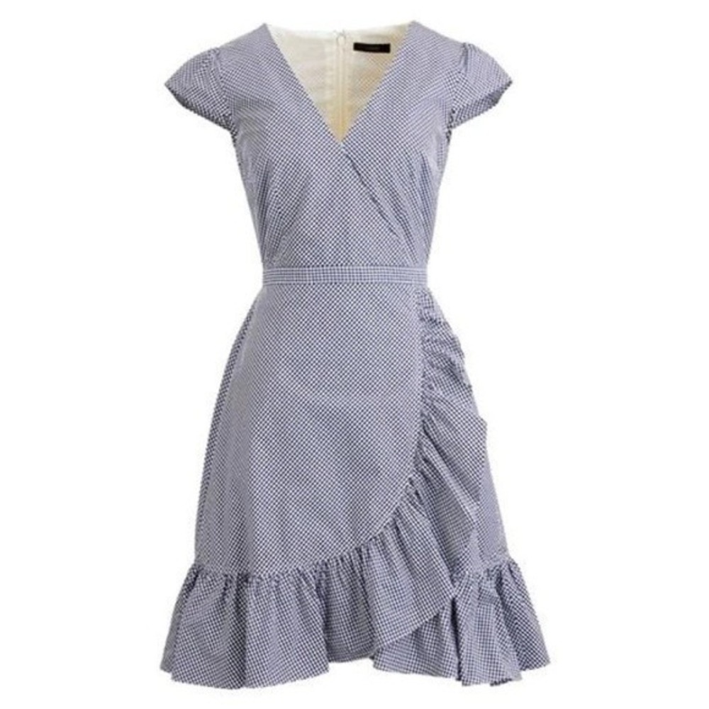 J.Crew Faux Wrap Gingham Cotton‎ Poplin Minidress In Navy White Size 00